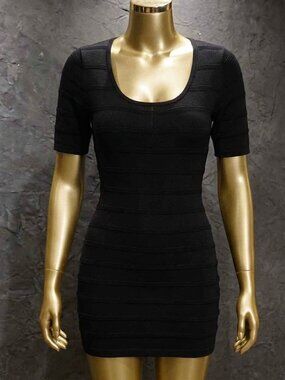 Calvin Klein Black Ribbed Horizontal Stripe Bodycon Dress - Size M